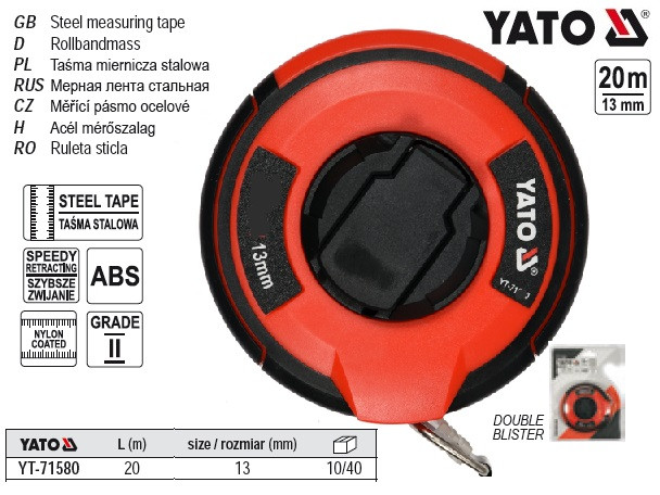 Рулетка вимірювальна стальова YATO : L=20 м, b=13 мм, ручне змотування, закритий корпус