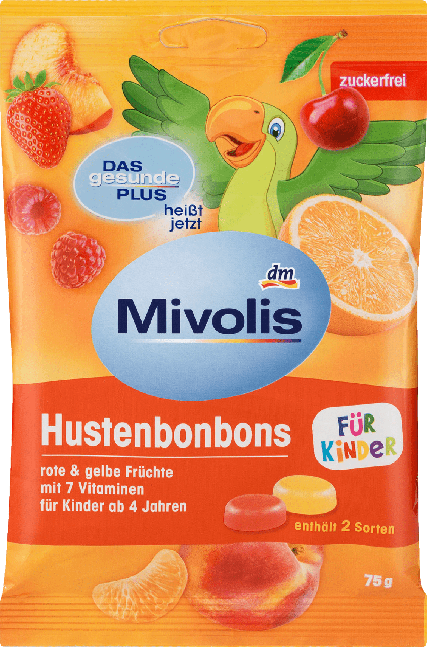 Фруктові льодяники без цукру для дітей Mivolis Hustenbonbons für Kinder, 75 гр.(27шт)