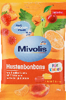 Фруктовые леденцы без сахара для детей Mivolis Hustenbonbons für Kinder, 75 гр.(27шт)