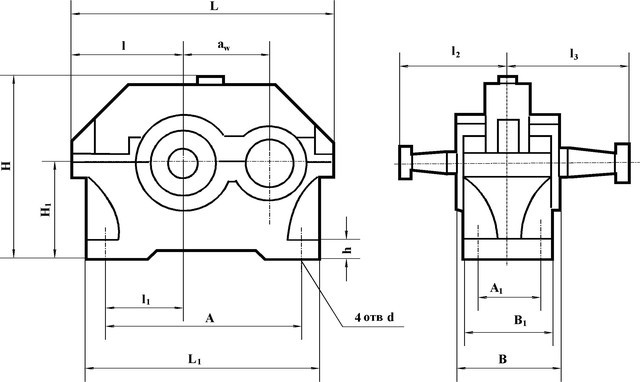 Креслення редуктора 1ЦУ-250 з проставленням розмірностей Купити редуктор горизонтальний вузький 1ЦУ-250
