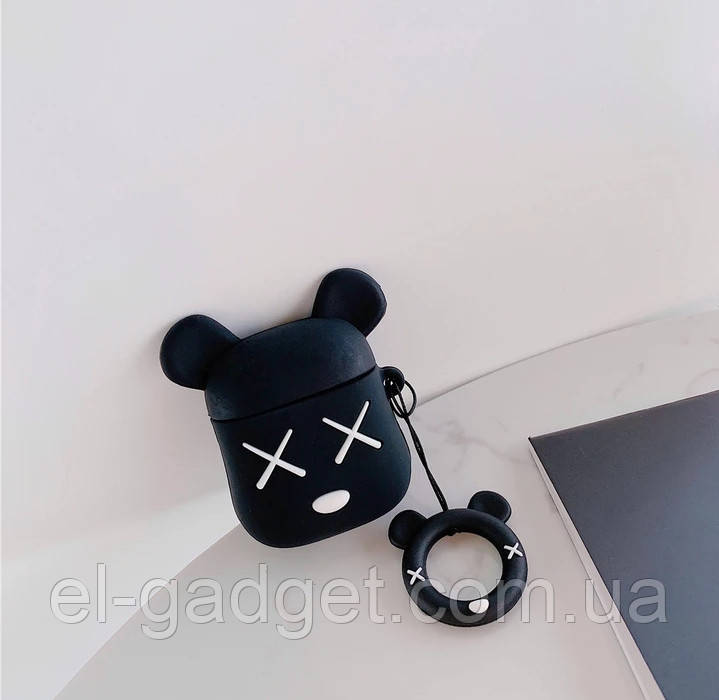 Чохол для навушників AirPods 1, 2 Ведмедик Bear Brick чорний + брелок силіконовий