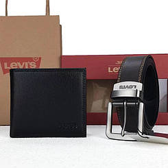 Ремінь + гаманець у подарунковому наборі чоловічий чорний модний стильний Levi's