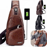 Міський повсякденний однолямочный рюкзак, бананка PU шкіра з USB. Чоловіча сумка через плече, 3 кольори
