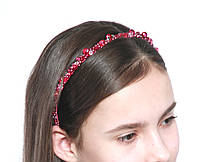 Малиново-красный Обруч для волос с хрустальными и жемчужными бусинами