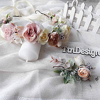 Свадебный венок для невесты и бутоньерка жениху в розовых тонах