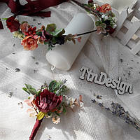 Свадебный венок для невесты и бутоньерка жениху в цветах марсала