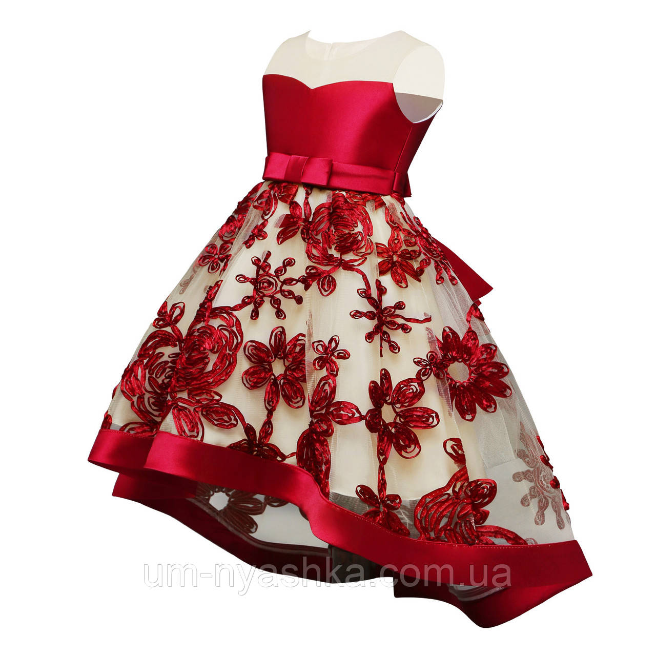 Дитяча сукня видовжене ззаду на зростання Винно-червона на 5-6 років