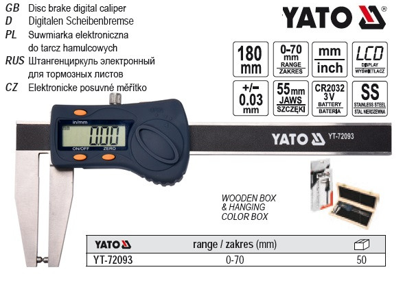 Штангенциркуль елетронний YATO для гальмівних дисків l=180±0,03 мм губки55 мм YT-72093