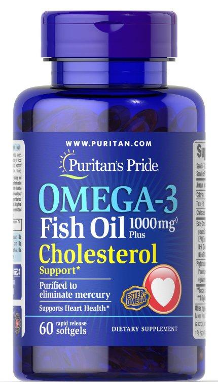 Puritan's Pride Omega-3 Fish Oil 1000 mg Plus Cholesterol Support, Рыбий жир (60 капс.)