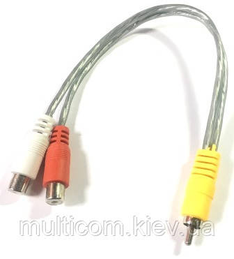02-00-107. Перехідник штекер RCA - 2 гнізда RCA, gold pin, із прозорим шнуром 20см