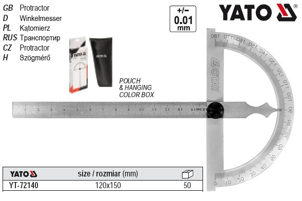 Кутомір транспортир лінійка 120х150 мм 0-180° YATO YT-72140