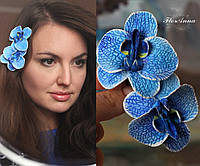 Заколка синя квітка ручної роботи "Синя орхідея з розписом" 1 шт