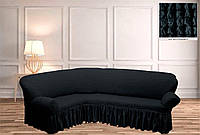 Покрывало Чехол Жатка на Угловой диван Антрацит универсальный натяжной с юбкой