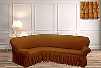Покрывало Чехол Жатка на Угловой диван Ярко - горчичный универсальный натяжной с юбкой