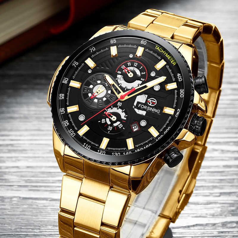 Механічний годинник з автопідзаводом Forsining, чоловічий наручний годинник форсінінг, золотий годинник з календарем
