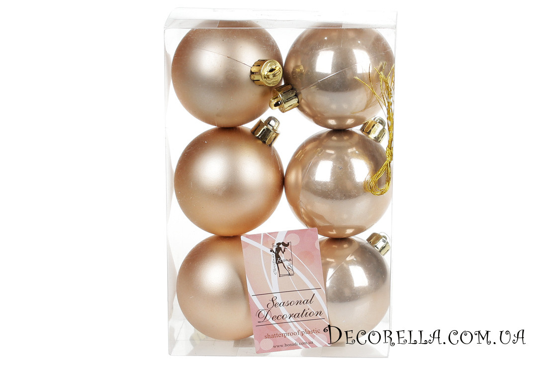 Набір ялинкових кульок бежевий оксамит, 6см, 6 шт, фото 1