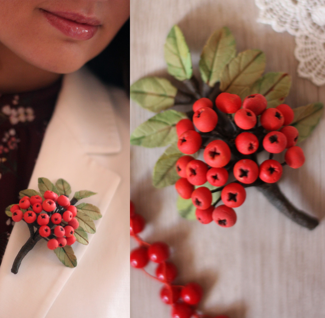 "Горобина із зеленими листиками" брошка ручної роботи, фото 1