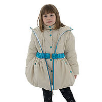 Куртка-пальто детская для девочки зима Солнышко молочная 128,134,140см стильный поясок с бантиком