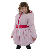 Куртка-пальто детская для девочки зима Солнышко розова 128,134,140см стильный поясок с бантиком