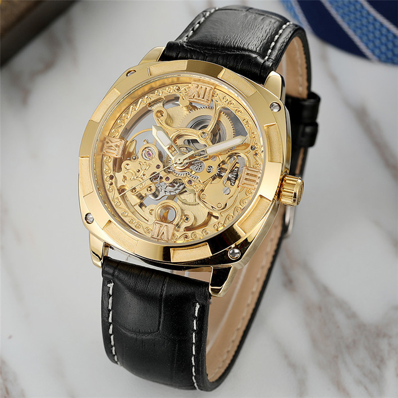 Механічний годинник з автопідзаводом Forsining Skeleton (black-gold) — гарантія 12 місяців