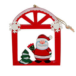 Ялинкова іграшка фігурка Дід Мороз у віконці, 12х15 см, червоний, дерево (060368-1)