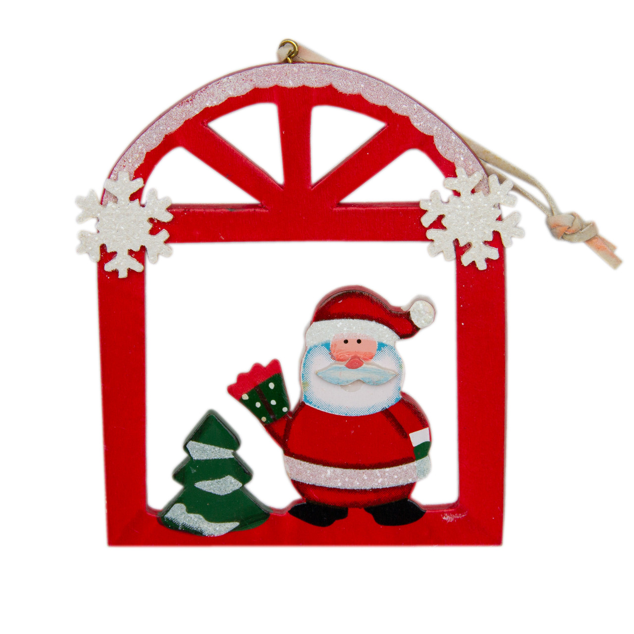 Ялинкова іграшка фігурка Дід Мороз у віконці, 12х15 см, червоний, дерево (060368-1), фото 1