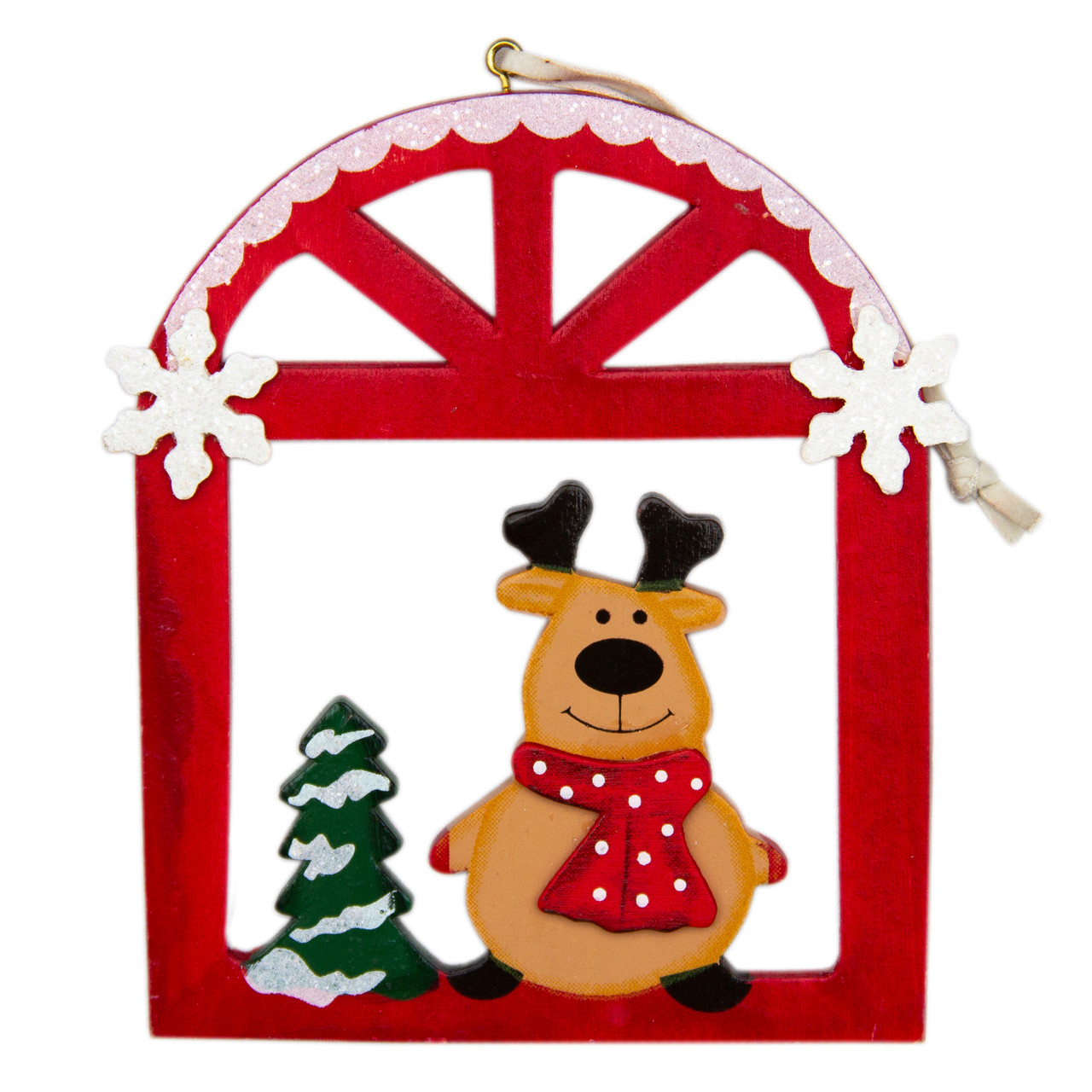 Ялинкова іграшка фігурка олень у віконці, 12х15 см, червоний, дерево (060368-2), фото 1
