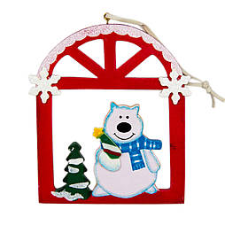 Ялинкова іграшка фігурка Ведмідь у віконці, 13х15 см, червоний, дерево (060375-1)