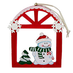 Ялинкова іграшка фігурка Сніговик у віконці, 13х15 см, червоний, дерево (060375-2)