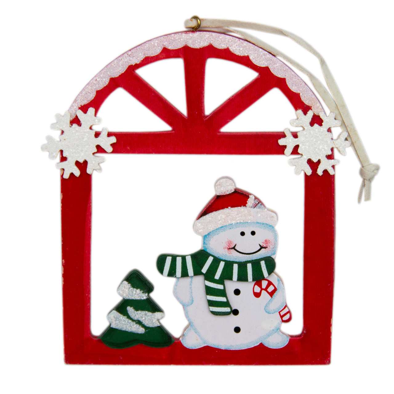Ялинкова іграшка фігурка Сніговик у віконці, 13х15 см, червоний, дерево (060375-2), фото 1