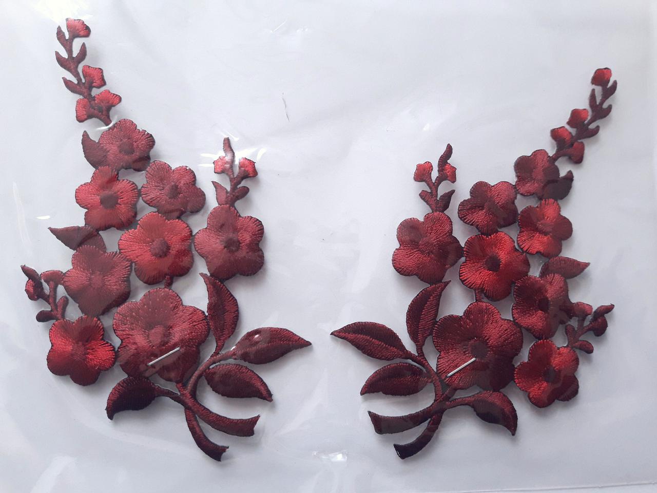 Аплікація вишивка клейові парні "Квіти", 12 см, бордова, 1 пара