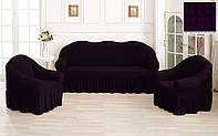 Комплект Чехлов Жатка универсальных натяжных с юбкой на 3х местный Диван + 2 кресла Темно - Фиолетовый