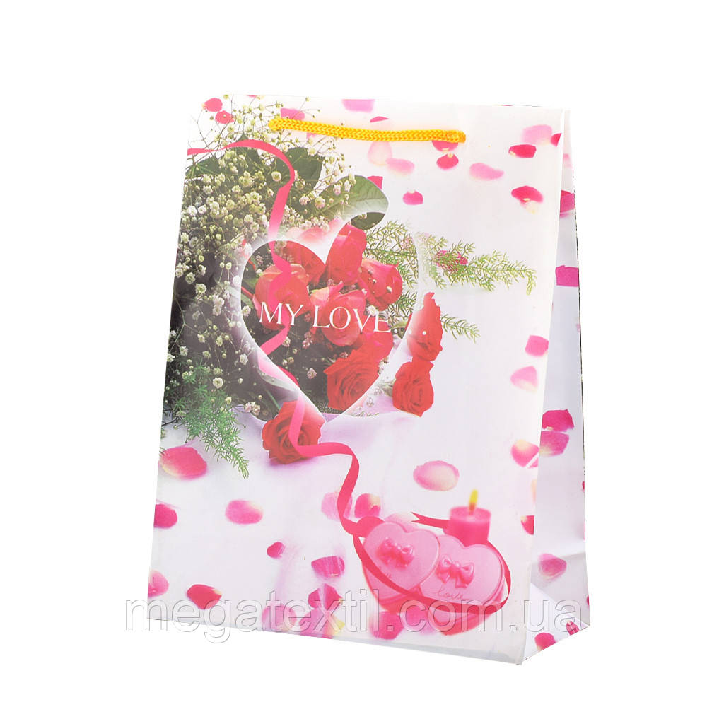 Пакет подарунковий 23х18х7,5 см з рожевими сердечками MY LOVE білий (42301.009)
