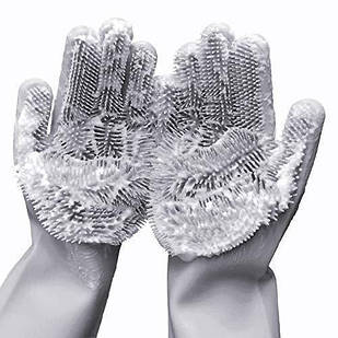 Силіконові рукавички для миття та чищення Silicone Magic Gloves з ворсом Сірі