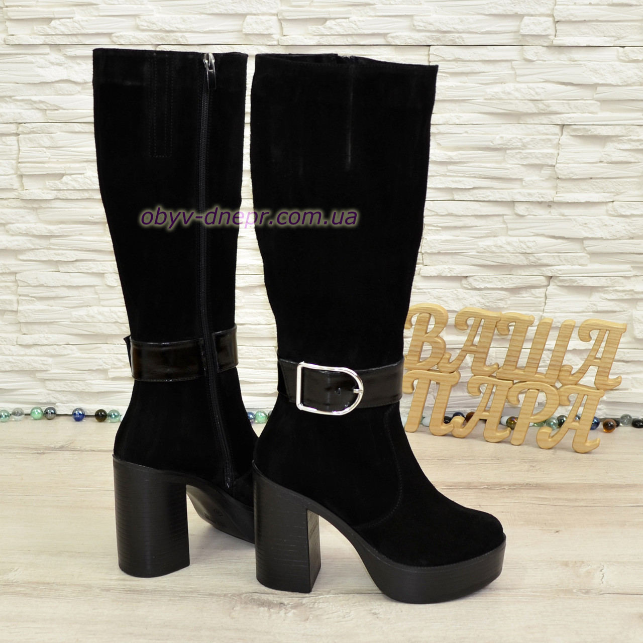 Сапоги женские замшевые черные демисезонные на высоком каблуке. 41 размер - фото 3 - id-p1045705047