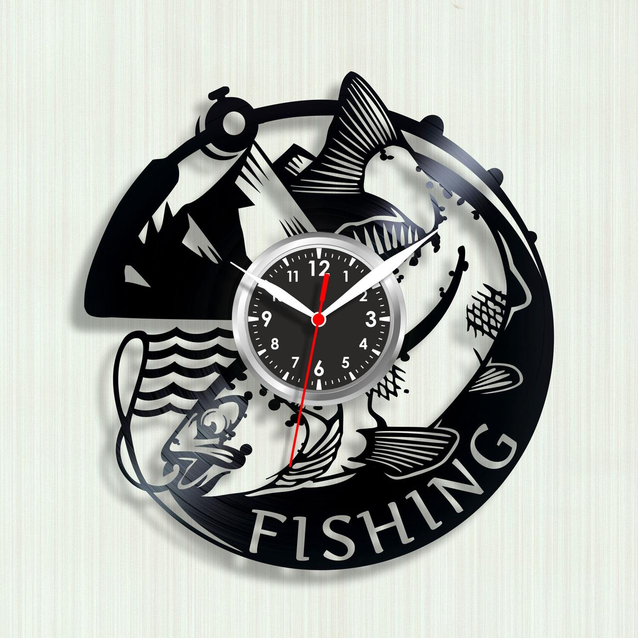 Годинник риболовлі Подарунок рибалці чоловікові Годинники на стіну Вініловий годинник Годинник кварцовий Арабський циферблат 300 мм