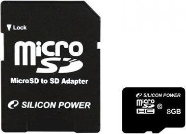 Картка пам'яті MicroSDHC 8 GB Silicon Power class 10 + adapter SD (SP008GBSTH010V10-SP), фото 1