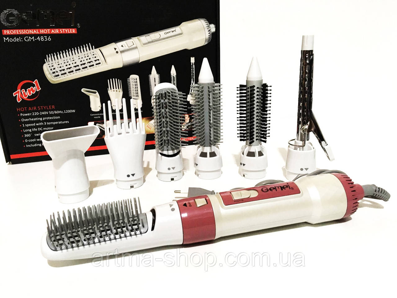 Повітряний фен стайлер для волосся Gemei 7 в 1, Потужність 1200 Вт, Температура нагріву 200 Градусів (GM-4836)