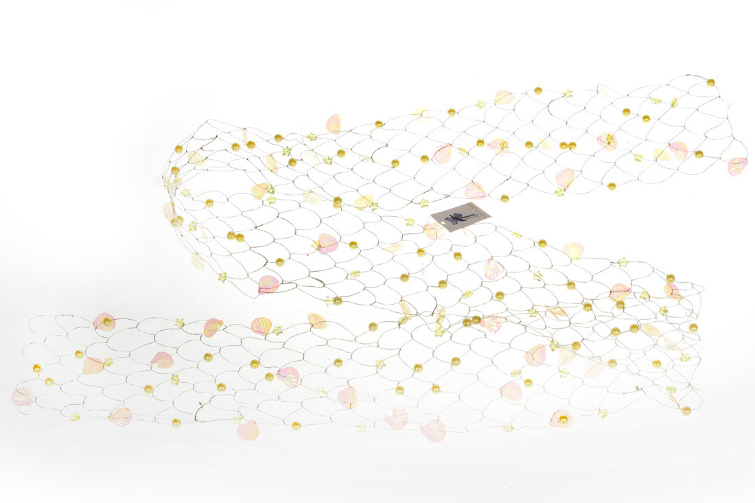 Декоративна сітка з черепашками та бусинами, колір - жовтий із золотом. ТОВАР ВІД ВИРОБНИКА