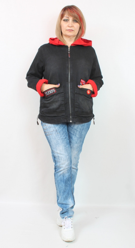 Турецька жіноча коротка джинсова куртка з капюшоном, розміри 50-64