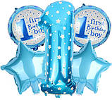 Набір прикрас на 1-й день народження Повітряні Кулі + Цифра + Напис "Happy Birthday" для хлопчика, фото 3