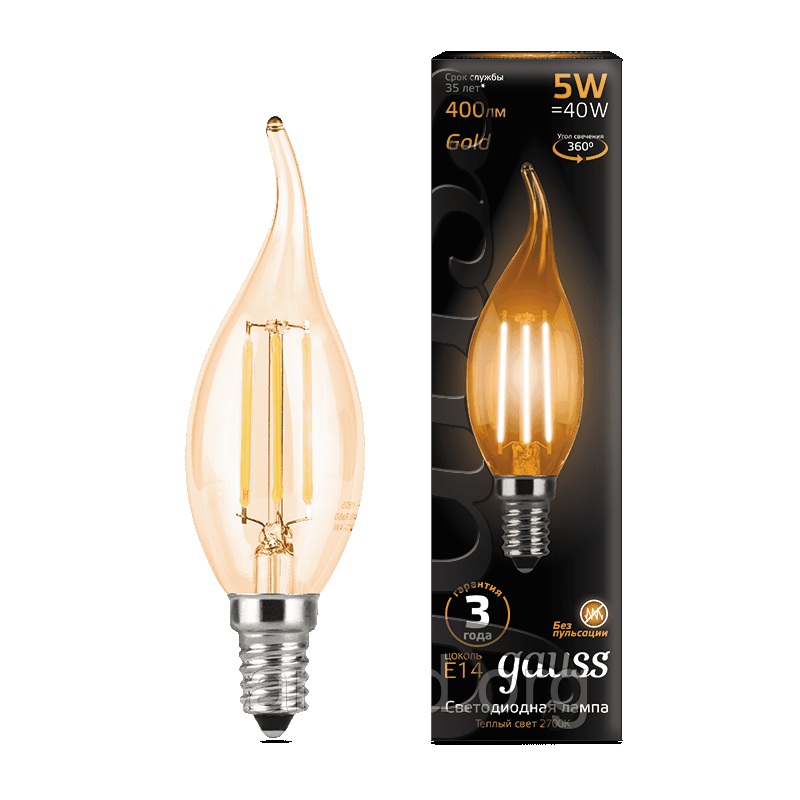 Лампа Gauss LED Filament Candle tailed E14 5W 2700K Golden, фото 1