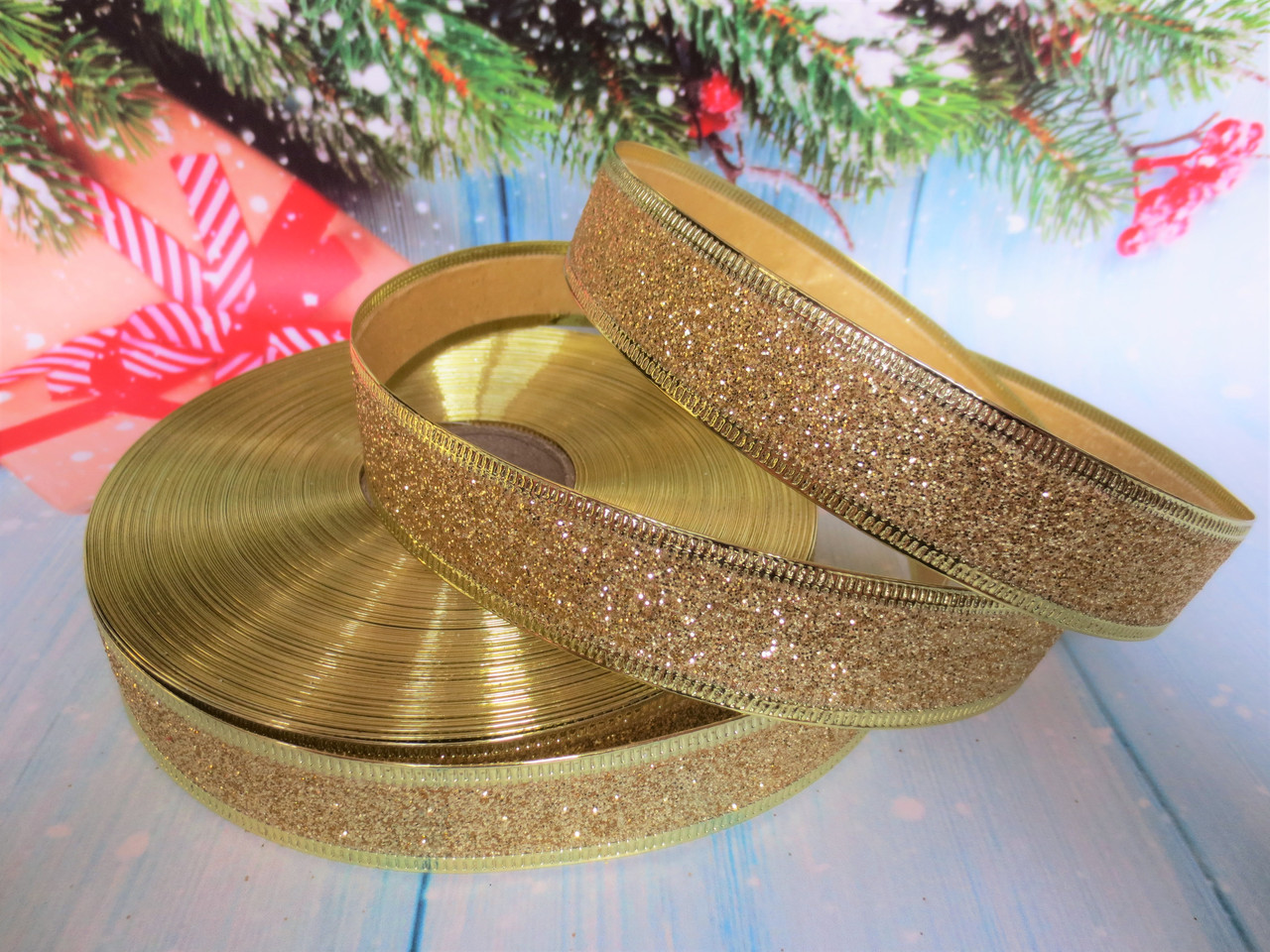 Новогодняя лента с проволочным краем, цвет золотистый, 2,5 см: продажа ...