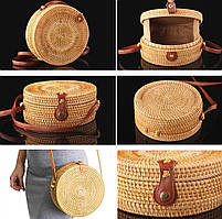 Жіноча кругла плетена сумка Rattan Bali 18х8 см з ротанга на кнопці