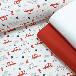 Бавовняна тканина (ТУРЦІЯ шир. 2,4 м) червоні машинки на білому (R-FR-0043)