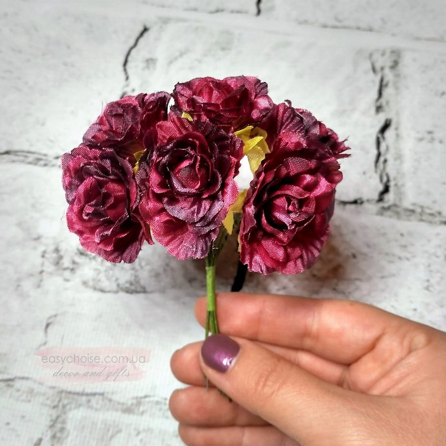 Тростинні трояндочки на дроті 3,5 см, бордові, 6 шт., декоративний букет