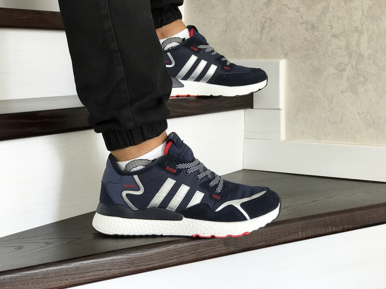 Крихітки чоловічі Adidas Nite Jogger Boost, (мужські, замки, текстиль, темно сині з білим) (Розмер 41,42,45)