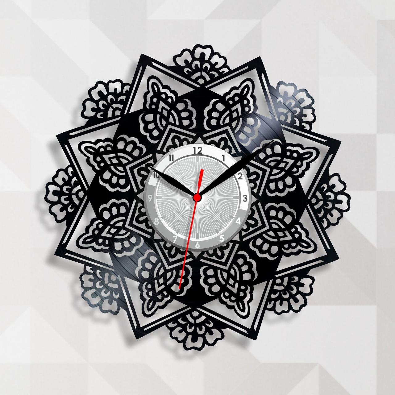 Годинник мандала Мандала орнамент Оптична ілюзія Чорна квітка лотоса Ілюзія нескінченності Розмір годинника 30 см