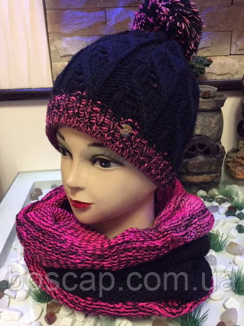 Молодіжний жіночий комплект Катріна(Catrina) ТМ Kamea (шапка і снуд), вовняний, колір чорний з рожевим, розмір 56-59