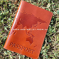 Желтая обложка на паспорт с тиснением карта мира из глянцевой кожи